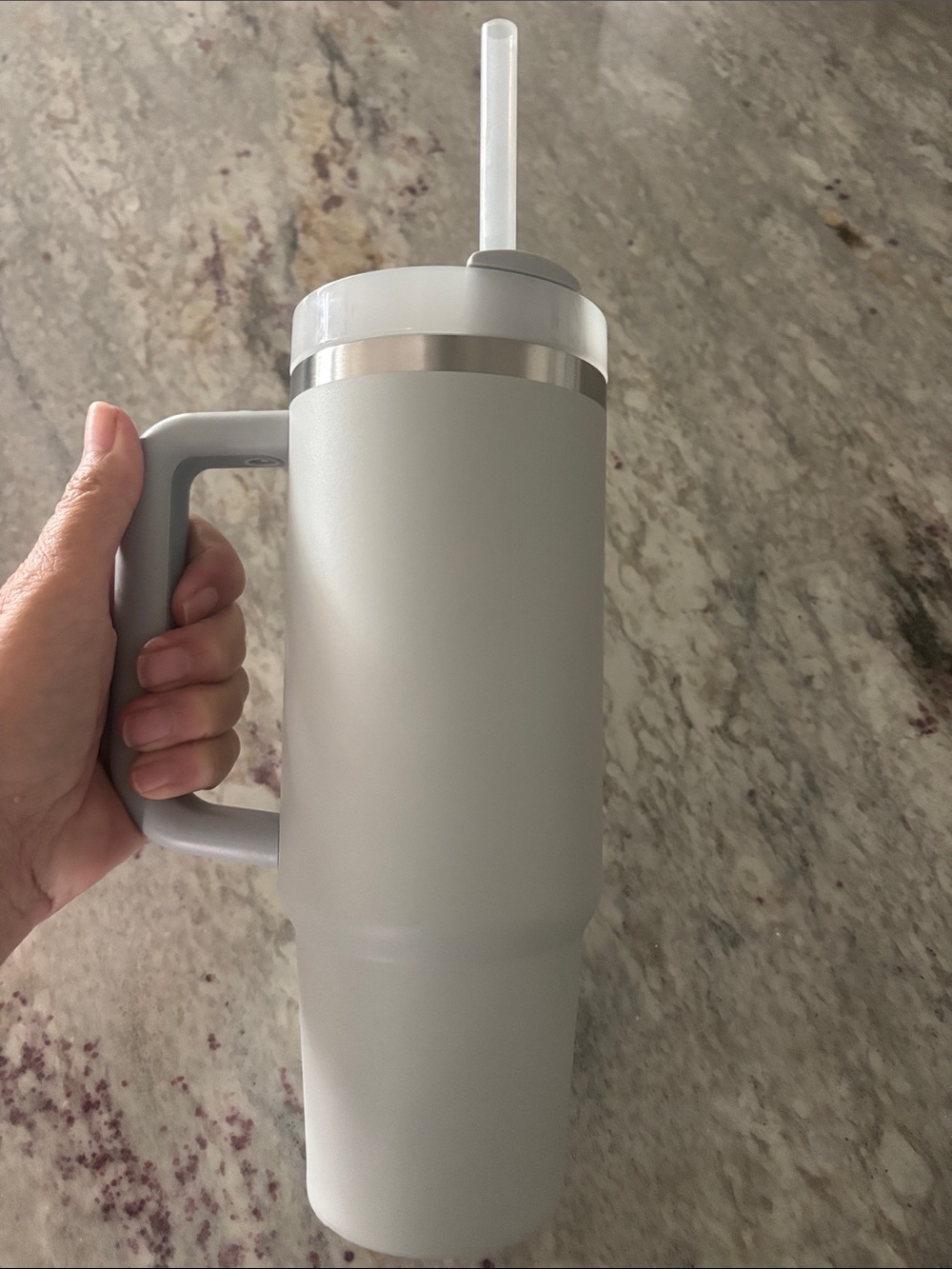 Stanley Light Gray 30 oz Insulated Travel Mug with Handle and Straw - Picture 3 of 5